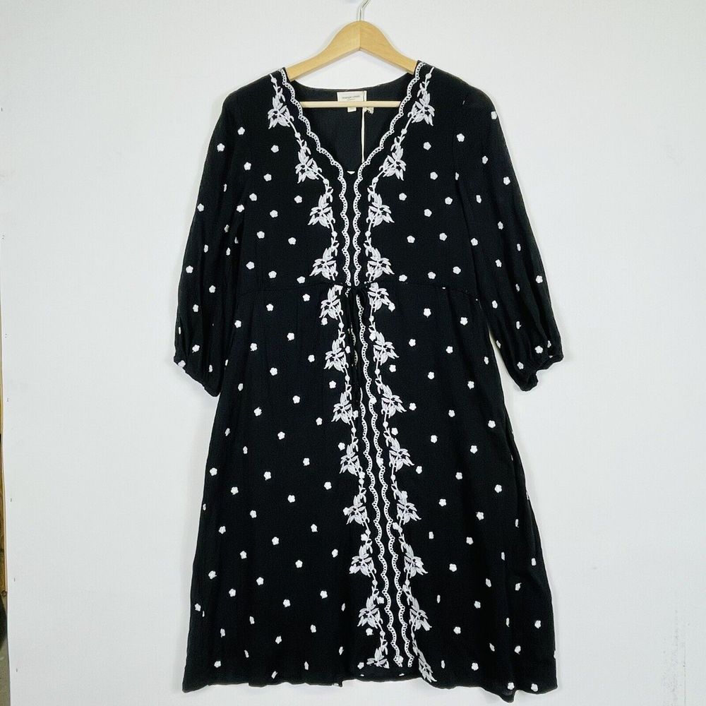 Orange‎ Creek Black White Embroidered 3/4 Sleeve Crinkle Dress Womens Small New